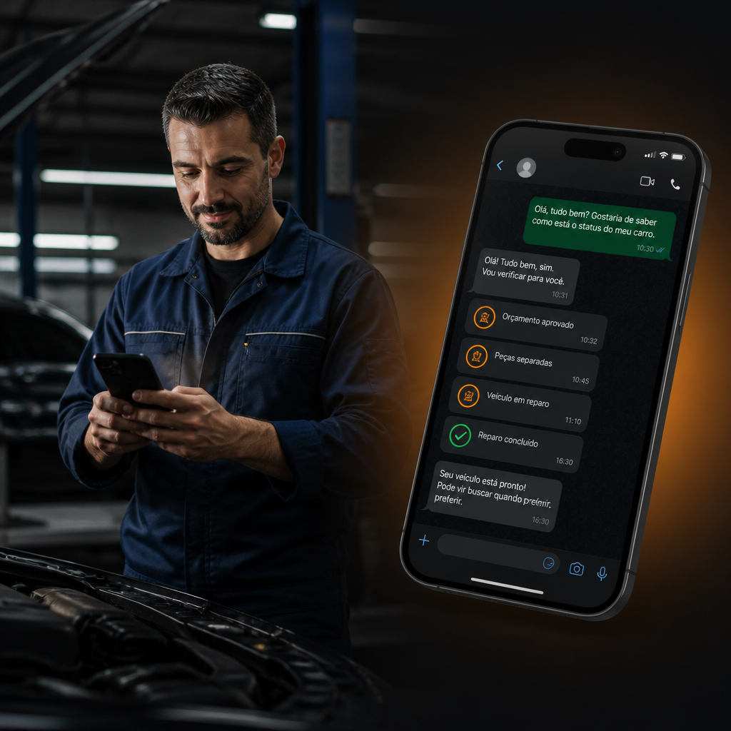 Mecânico utilizando o celular com a MECA FLOW atualizando o cliente pelo WhatsApp